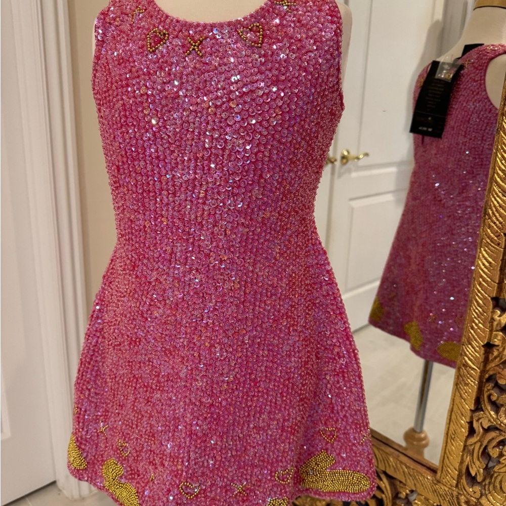 Little Attitudes by Debra‎ Pink Sequin Dress hand beaded with with Gold bunnies